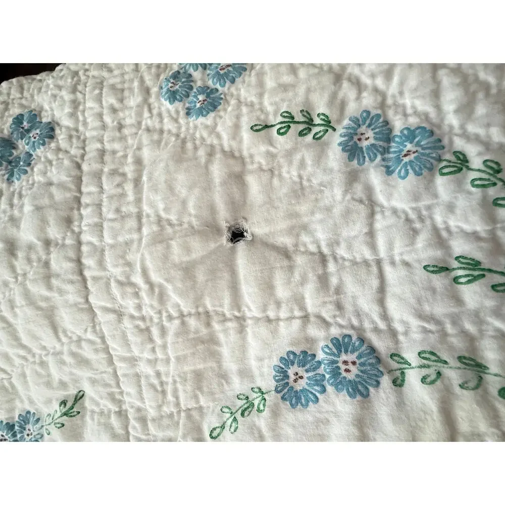 Cutter Quilt Blue Floral Painted Design Hand Quilted Vintage Crafts Fabric 75x92